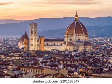 Florence Cathedral (Duomo) over city center at sunset, Italy