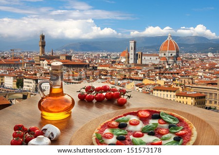 Florence with Cathedral and typical Italian pizza in Tuscany,  Italy