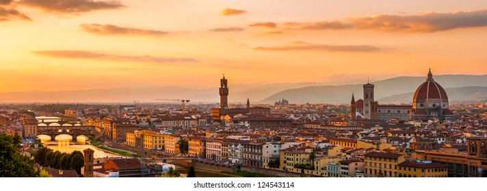 Florence city during golden sunset. Panoramic view to the river Arno, with Ponte Vecchio, Palazzo Vecchio and Cathedral of Santa Maria del Fiore (Duomo), Florence, Italy - Powered by Shutterstock