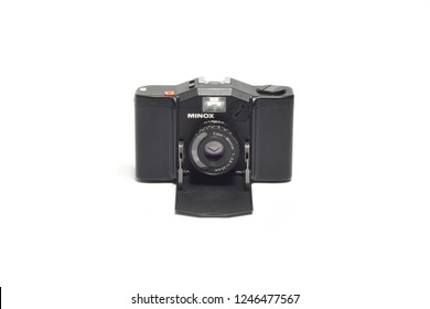 Florence, December 2018: Old vintage analogic Minox Camera isolated on white