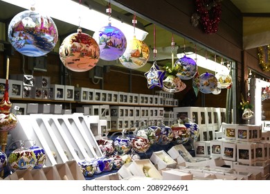 Florence, December 2019: Christmas decorations in a market in the historic centre of Florence, Italy