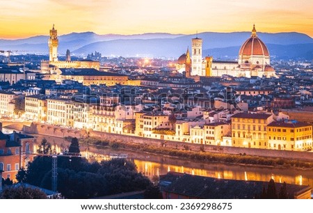 Florence Duomo and cityscape panoramic evening sunset view, Tuscany region of Italy