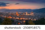 Florence or Firenze, Palazzo Vecchio, Duomo Cathedral, Basilica Santa Maria del Fiore landmark and Giotto Campanile. Sunset view from Piazzale Michelangelo square. Tuscany region, Italy, Europe.