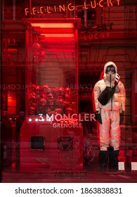 Florence, Italy - 2020, November 19: Winter Ware, Ski Jacket, Bag And Accessories In A Moncler Fashion Boutique Window. 
