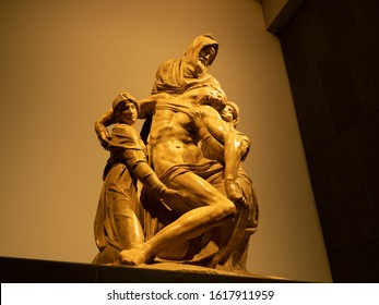 Florence, Italy - 24 October, 2019 : The Deposition (The Bandini Pieta or The Lamentation over the Dead Christ) by Michelangelo in Museum of the Works of the Cathedral (Museo dell'Opera del Duomo).