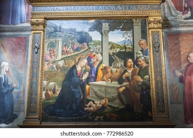 Florence, Italy - April 09, 2017: Painting The Adoration of the Shepherds by Domenico Ghirlandaio's masterwork in Sassetti Chapel in the basilica of Santa Trinita