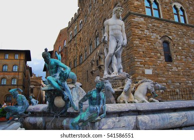 Florence, Italy- August 06, 2010:Famous Fountain of Neptune on Piazza della Signoria in Florence, Italy