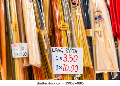 Florence, Italy - August 30, 2018: Firenze Mercato Centrale Central Market With Stall With Dried Long Pasta Sign And Price On Retail Display Closeup