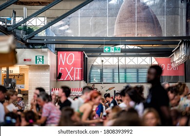 Florence, Italy - August 30, 2018: Firenze Central Market With Many People Eating At Food Court Inside Building With No Exit Sign