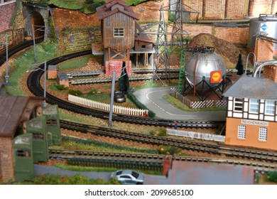 Florence, ITALY - December 2021: Miniature railway model with trains.