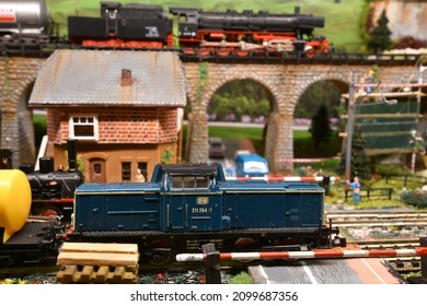 Florence, ITALY - December 2021: Miniature railway model with trains. 
