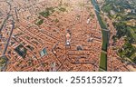 Florence, Italy. General view of the city on a sunny day. Arno River. Aerial view