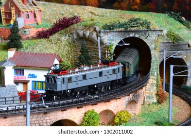 Florence, ITALY - January 2019: Miniature railway model with trains
