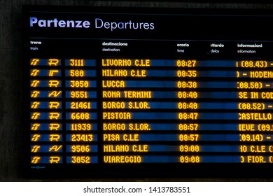Florence, Italy- January 20,2011: A train schedule in Florence train station.