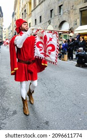 Florence, Italy - January 6, 2013: fanfare trumpeter in the Epiphany Day parade, the feast of Christian holidays and churches celebrate with a grand procession in medieval costumes.