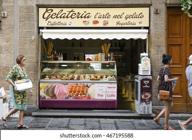 FLORENCE, ITALY - JULY 13, 2016: Street View Of Gelateria Exterior - Traditional Italian Ice Cream Shop In Florence, Italy. 