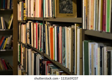 Florence, Italy - June 13, 2018 : Bookshelf With Full Of Second Hand Books For Sale In Independent Bookstore.