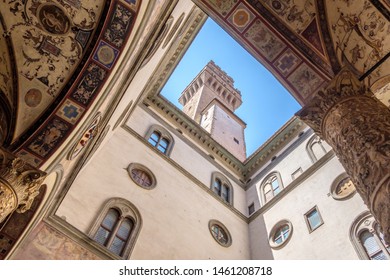 Florence, Italy - June 2019: View Of Arnolfo Tower From The Courtyard Of Michelozzo, Palazzo Vecchio.