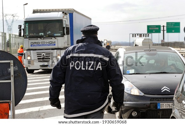 Florence, Italy - March\
03 2010: Italian traffic police checks on the highway A 1 near the\
exit North Florence