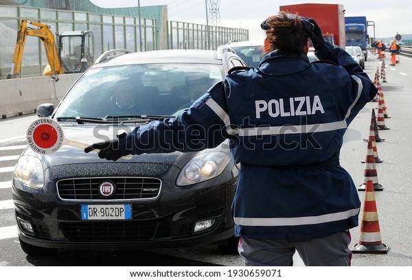 Florence, Italy - March\
03 2010: Italian traffic police checks on the highway A 1 near the\
exit North Florence