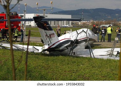 Florence, Italy - March 12 2004: Plane Crash At Peretola Airport, Where A German Private Jet Went Off The Runway During Take Off.
