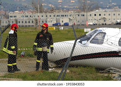 Florence, Italy - March 12 2004: Plane Crash At Peretola Airport, Where A German Private Jet Went Off The Runway During Take Off.