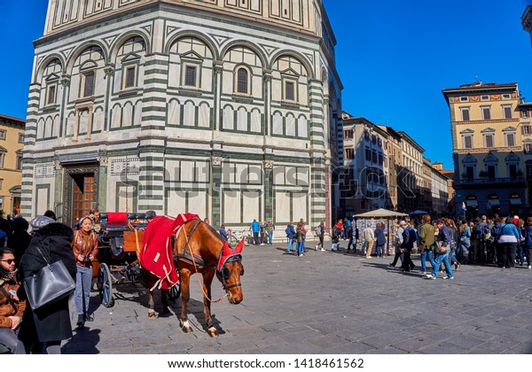 Florence, Italy - March, 2019: Horse drawn carriage\
travels on the street on Florence, Tuscany, Italy. Florence is the\
center of arts and cultures and the famous travel destination of\
central Italy