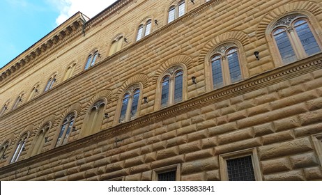 Florence, Italy - March, 2019. View of the Palazzo Strozzi facade in Florence, Tuscany, Italy