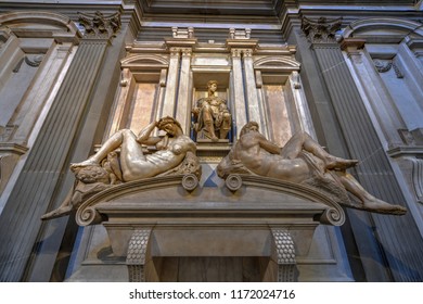 Florence, Italy - March 22, 2018: Tomb Of Giuliano De Medici And Below Lying On The Sarcophagus Michelangelo's Sculptures 'Night And Day' In Medici Chapel, Florence, Italy