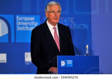 Florence, Italy - May 05 2017:  Michel Barnier Speaks During A Political And Financial Meeting.