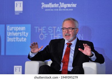 Florence, Italy - May 05 2017: Werner Hoyer, President Of The European Investment Bank Speaks During A Political And Financial Meeting.