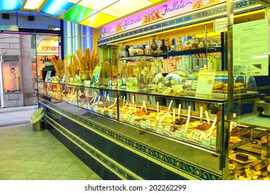 FLORENCE, ITALY - MAY 08, 2014: Interior And Showcase Ice Cream Parlor In Florence. Italy 