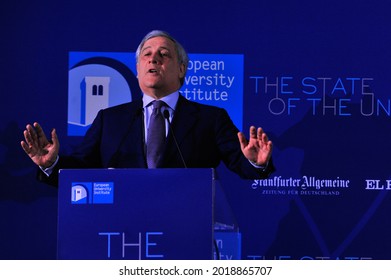 Florence, Italy - May 11 2018: Antonio Tajani Speaks During A Political And Financial Meeting.