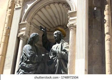 Florence, Italy - May 5 2019: Saint Thomas And Jesus Christ, A Bronze Sculpture Made By Andrea Del Verrocchio Located In Orsanmichele Chruch