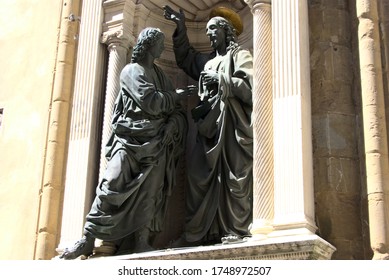 Florence, Italy - May 5 2019: Saint Thomas And Jesus Christ, A Bronze Sculpture Made By Andrea Del Verrocchio Located In Orsanmichele Chruch