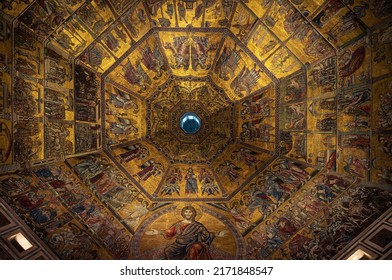 Florence, Italy - November 06, 2012. Ceiling painting of the Baptistery of Saint John (Battistero di San Giovanni). Iconographies of Jesus Christ and Holy Bible.