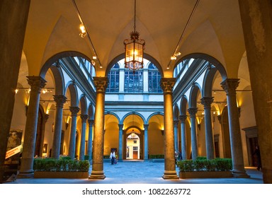 Florence, Italy - October 13, 2009:  Night view of the courtyard of Strozzi Palace