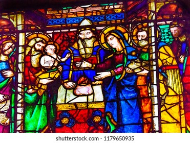 FLORENCE, ITALY -  SEPEMBER 25, 2018 Mary Joseph Baby Jesus Rabbi Temple Stained Glass Window Orsanmichele Church Florence Italy. Church Stained Glass From 1400s.