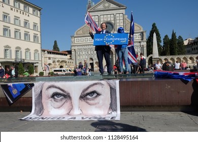 Florence, Italy - Sept 22, 2017 - People protesting against Theresa May decision to quit Europe on 2019. Piazza Santa Maria Novella square. Sunny day