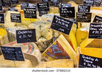 Florence, Italy - September 18, 2015: Various Kinds Of Cheese With Price Tags On The Market In Florence, Italy. 