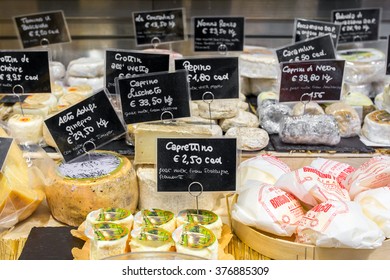 Florence, Italy - September 18, 2015: Various Kinds Of Cheese With Price Tags On The Market In Florence, Italy. 