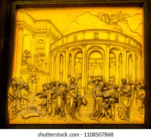 FLORENCE, ITALY - SEPTEMBER 24, 2017 Joseph Sold Into Slavery Gates Of Paradise Ghiberti Bronze Door Bapistry Duomo Cathedral Church Florence Italy.  Bronze Doors Created 1400s By Lorenzo GhibertI