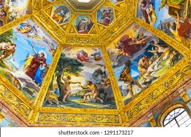 FLORENCE, ITALY - SEPTEMBER 27, 2017 Adam Eve Cain Abel Paintings Dome San Lorenzo Medici Church Florence Tuscany Italy. Family Church  Medici Family