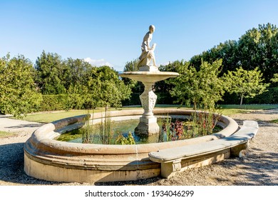 Florence, Italy - September 8, 2020: The fountain of Ganymede in front of the Kaffeehaus, in Boboli Gardens, beside Palazzo Pitti, Florence city center, Tuscany region, Italy