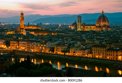 Florence, Italy - Skyline With Duomo, Palazzo Vecchio And Arno River