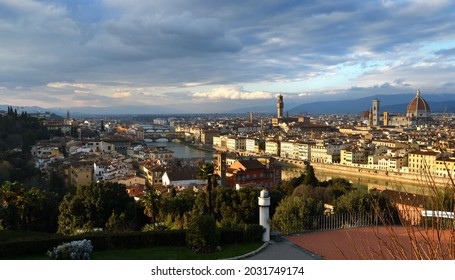 Florence, January 2021: Beautiful Panorama Cityscape of Florence as seen from Piazzale Michelangelo with Old Bridge, Palace of the Town Hall, Cathedral. Italy