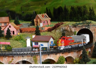 Florence, January 2022: model train in miniature. Model railway. Miniature model of train on a mountains ambientation. Railway modelling. Italy