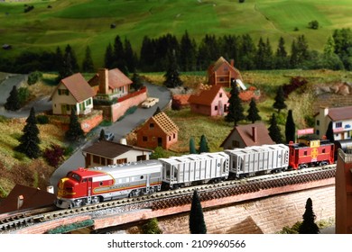 Florence, January 2022: model train in miniature. Model railway. Miniature model of train on a mountains ambientation. Railway modelling. Italy
