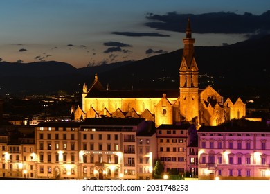 Florence, July 2021: Beautiful night view of the Basilica of the Holy Cross in Florence seen from Piazzale Michelangelo. Italy