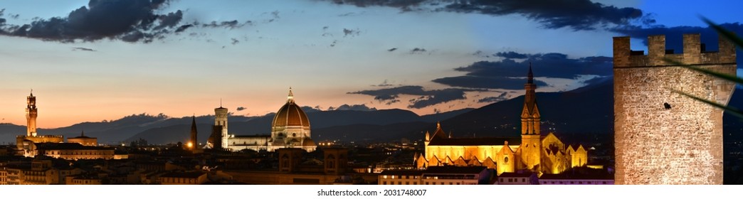 Florence, July 2021: Spectacular cityscape by night of Florence with Palace of the Town Hall, Cathedral of Santa Maria del Fiore and Basilica of the Holy Cross seen from Piazzale Michelangelo. Italy